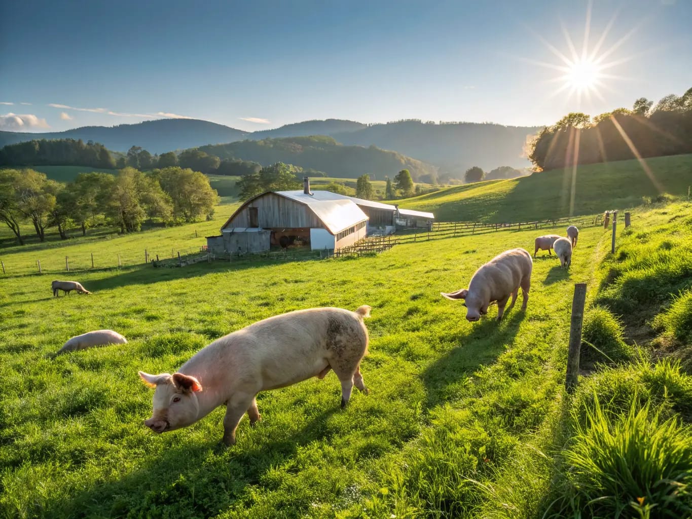 A high-resolution image showcasing Mutual Metal's hog panels installed in a modern, well-maintained livestock pen, with healthy hogs safely contained within the enclosure. The panels should appear sturdy and well-constructed, highlighting their durability and safety features.